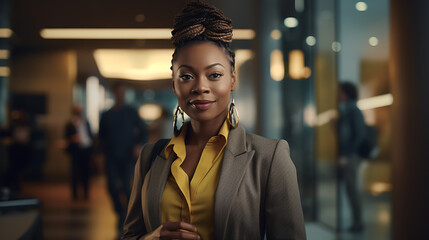 Confident african american businesswoman in suit standing outside in front of her office.Created with Generative AI technology.
