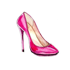 Watercolor Pink female shoes, high Heels isolated on white, trendy shop collection clipart, Fashion summer lifestyle Pair accessory
