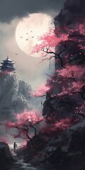 A beautiful photo of a monastery on a cliff in the mountains, with  cherry blossoms and the rising sun. This is a generative ai picture. 