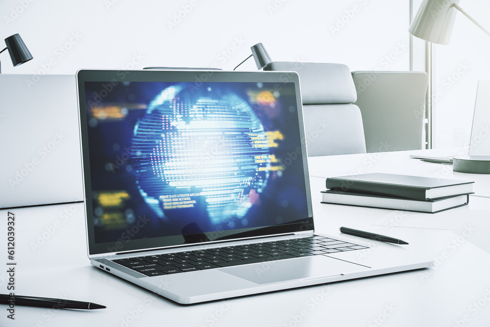 Poster computer monitor with abstract creative programming illustration and world map, big data and blockch