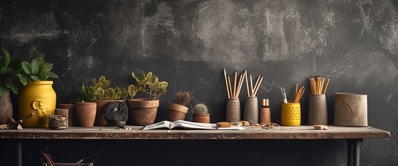 Fototapeta na wymiar an old wall is full of white pens and a wooden table with vases and a chalkboard, in the style of zbrush, minimalist backgrounds, dark gray and yellow, pont-aven school, Generative AI