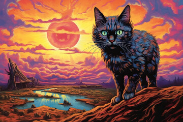 Obraz premium Painting of a cat looking out from a psychedelic and desolate landscape - Generative AI