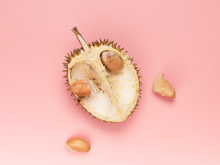 Durian Skin and Durian Seed on Pink Background