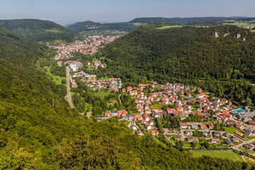 Aerial view of Lichtenstein town in the state of Baden-Wuerttemberg, Germany