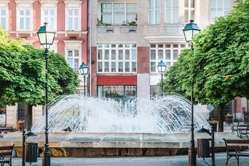 A city fountain in the center of a small town. The center of Walbrzych.