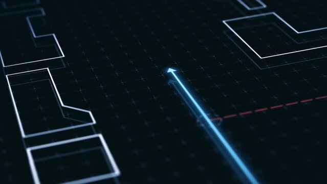 Futuristic gps map navigator system, direction path animation, route destination, stylized map with streets and buildings (3d render)