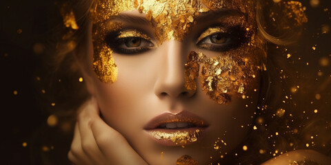 Hübsches blondes Model Gesicht mit goldenen Applikationen geschminkt Nahaufnahme, ai generativ