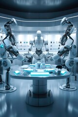 This image showcases a modern research laboratory with scientists and robotic arms working together. In the center, a humanoid robot with advanced AI capabilities is collaborating with researchers.