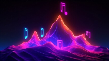 Fototapeta na wymiar 3d render. Abstract neon background. Fantastic landscape with glowing musical notes symbol and rocky mountains, Generative AI