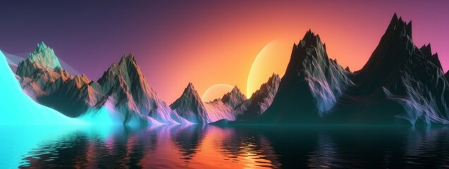 Fototapeta na wymiar 3d render, abstract panoramic background, surreal futuristic landscape with calm water, cliffs, rocks, mountains and colorful sky. Minimalist horizontal, Generative AI