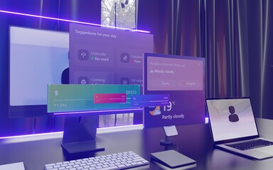 Digital Trends and Weather Information: Illustration of Laptops, Mobile Phones, and Computers at Office Desks with Date Weather Dashboard, Rain, Heat, and More Analysis. Eye-Catching and Modern Purple