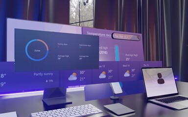 Digital Trends and Weather Information: Illustration of Laptops, Mobile Phones, and Computers at Office Desks with Date Weather Dashboard, Rain, Heat, and More Analysis. Eye-Catching and Modern Purple