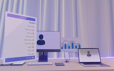 Digital Data Visualization: Illustration of Laptops, Mobile Phones, and Computers at Office Desks with Dashboard Visible Through Windows, Website Data Analysis in Pie Chart with Beautiful and Cool Col