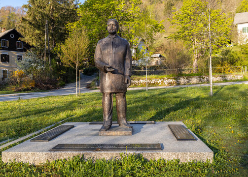 BLED, SERBIA - April 26, 2023: The monument of Mihajlo Idvorski Pupin ( Michael I. Putin ) stands in Serbia in the city of Bled. Pupin is a Serbian and American physicist and physicist.