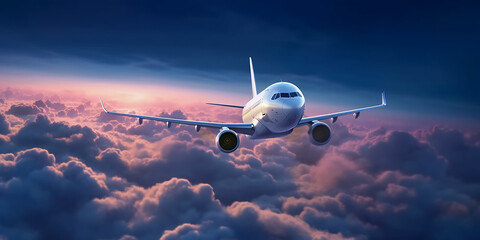 Fototapeta na wymiar Linien Flugzeug über einen lila Sonnenuntergang über den Wolken, ai generativ