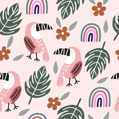 Tropical seamless pattern with toucans. Monstera leaf, forest leaf, flower, rainbow, suitable for textiles wallpaper and print