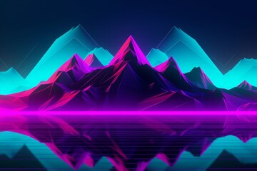 The mountains are lit up in neon and, in the style of high detailed, retro futuristic, magenta and aquamarine. Generative AI.