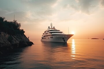 A large yacht in the rays of sunset on the background of the island. Generative ai.