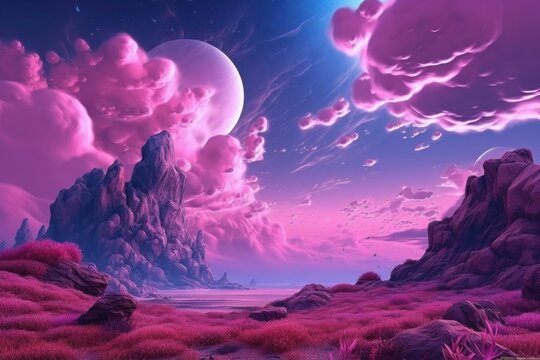 The sky in an alien landscape with pink clouds, in the style of photo-realistic landscapes, soothing landscapes. Generative AI.