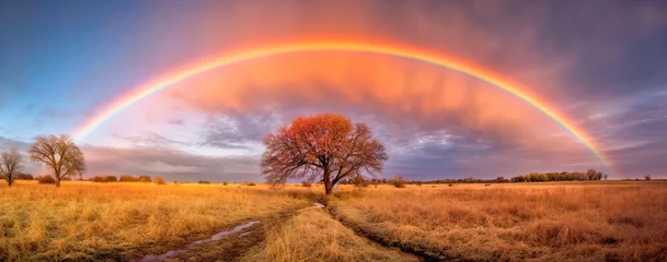 Foto auf Acrylglas Orange Bright rainbow column over a green field and forest. Rainbow after the rain. Summer landscape. Generative AI