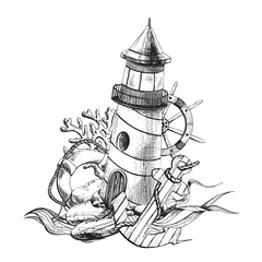 Naklejka premium Marine lighthouse with anchor, lifebuoy, ship's wheel, corals, algae. Graphic illustration, hand drawn black and white. EPS vector. Isolated composition on a white background.