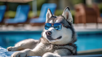 Husky wiht sunglasses at the pool