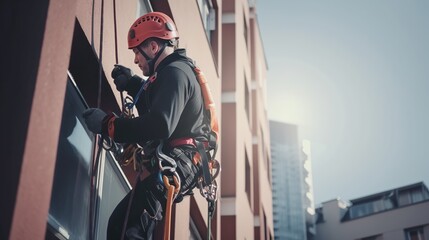 Male climber hanging on the wall of the building. AI generative image.