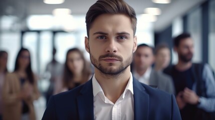 Mature confident businessman wearing suit in office indoor background and blurred coworkers at the backdrop. Portrait of leader of work team. AI generative image.