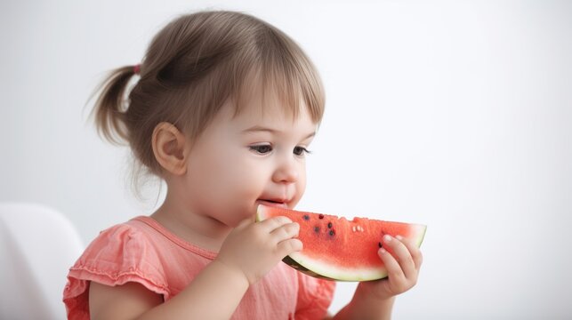 Cute little girl eating watermelon on white background. AI generative image.