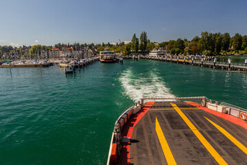 Ferry leaving a dock in Konstanz (Constance) at Lake Constance, Baden-Wurttemberg state, Germany
