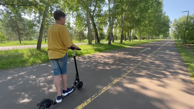Teen ride electro scooter on park in summer. Back view, copyspace