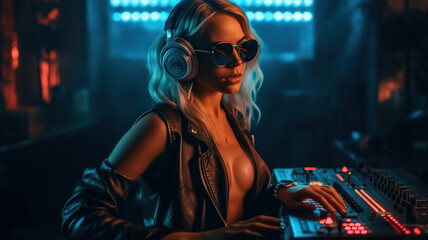 Dj girl in action, Sexy Young Blonde Woman Disc Jockey night club, neon lights. in bra and sunglasses playing music. Headphones and dj mixer on table. Colorful dance party nightlife background.  - obrazy, fototapety, plakaty