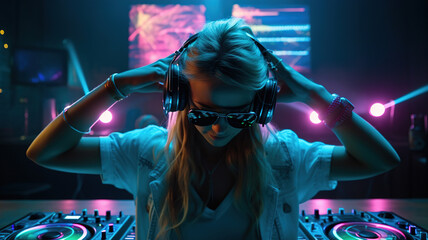 Dj girl in action, Sexy Young Blonde Woman Disc Jockey night club, neon lights. in bra and sunglasses playing music. Headphones and dj mixer on table. Colorful dance party nightlife background. 