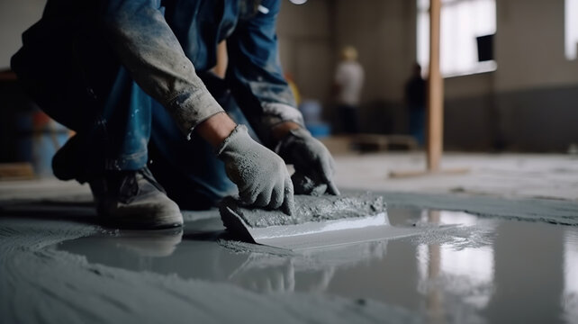 Filling the floor. Fill in the low spots with self-leveling compound for a fine leveling with mixture of cement for floors. Construction workers painting. generative ai