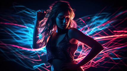 Attractive Girl at Club Summer Dance Party. Dancing, clubbing. Fashionable Beautiful young woman in nightclub. Neon background. Vacation nightlife concept. generative ai