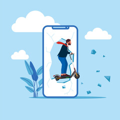 Businessman riding Electro scooter coming out of a smartphone screen. Modern vector illustration in flat style