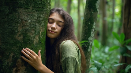 Woman hugging tree trunk in the forest. Eco activist Nature lover girl portrait. Earth's Day concept, save the planet, connecting with nature. generative ai
