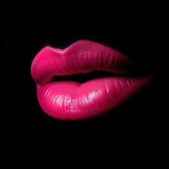 Sexy Plump bright lips of pink color on beautiful model girls mouth close up. Make-up Gloss. Seductive Beauty makeup lipstick. Isolated on Black background. generative ai