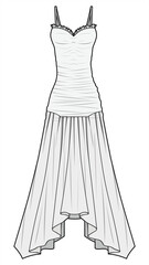 Sweetheart Neck Strap Asymmetric Flared Hem Dress Fashion Illustration, Vector, CAD, Technical Drawing, Flat Drawing, Template, Mockup.