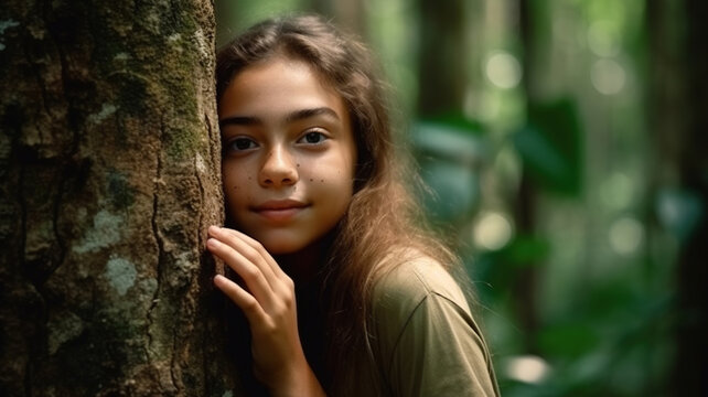 Woman hugging tree trunk in the forest. Eco activist Nature lover girl portrait. Earth's Day concept, save the planet, connecting with nature. generative ai