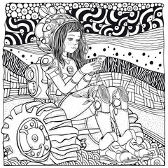 Black And White Coloring Book Page For Adult. Girl astronaut. The girl is sitting and looking at the phone. Zentangle background.