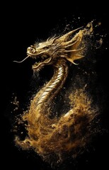 A gold dragon is born from a gold powder explosion .The symbol of 2024. Explosion of green and gold paint.Ai generated Generative AI