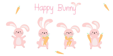 Isolated Cute bunny rabbit set. Baby  pink rabbit cartoon character Vector illustration flat design for decoration. Happy Rabbit holding carrots on white background.