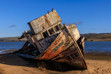 Old historic shipwreck on beach in Point Reyes, California on sunny day - obrazy, fototapety, plakaty