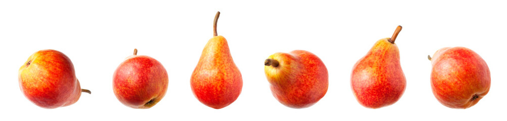 Pear collection. Red ripe juicy pear isolated on white background. With clipping path. Mockup. Cut out Sweet whole pears different shapes. Summer healthy organic fruits, food 