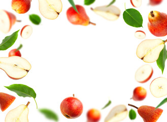 Flying red ripe juicy pear, green leaves isolated on white background. With clipping path. Mockup. Cut out Sweet whole pears, sliced. Summer organic fruits. Creative composition. Food concept