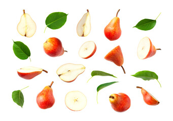 Cut out red ripe juicy pear and green leaves isolated on white background. With clipping path. Mockup. Summer healthy organic fruits, food. Pear collection. Fruit set for your design