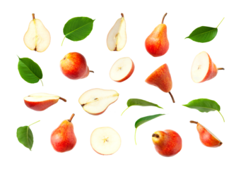 Cut out red ripe juicy pear and green leaves isolated on white background. With clipping path. Mockup. Summer healthy organic fruits, food. Pear collection. Fruit set for your design