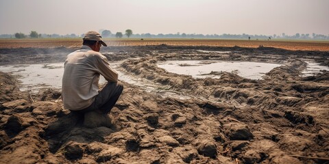 A farmer looks on in despair at his contaminated field, the extent of agricultural waste pollution affecting his livelihood, concept of Environmental degradation, created with Generative AI technology - obrazy, fototapety, plakaty