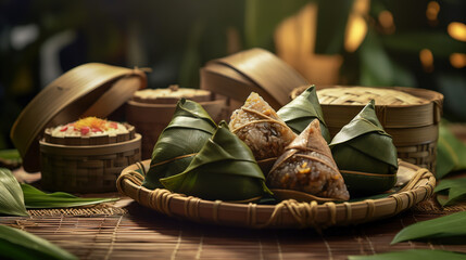 Dragon Boat Festival Chinese rice dumpling jujube zongzi. Generative AI